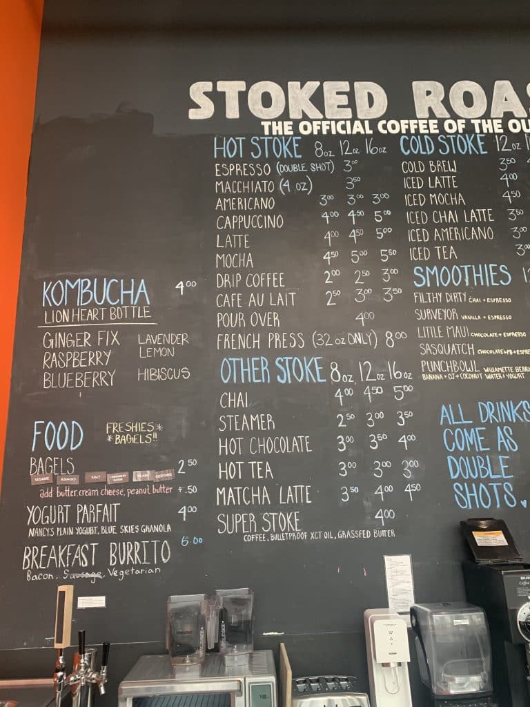 Menu at Stoked Coffee Roasters