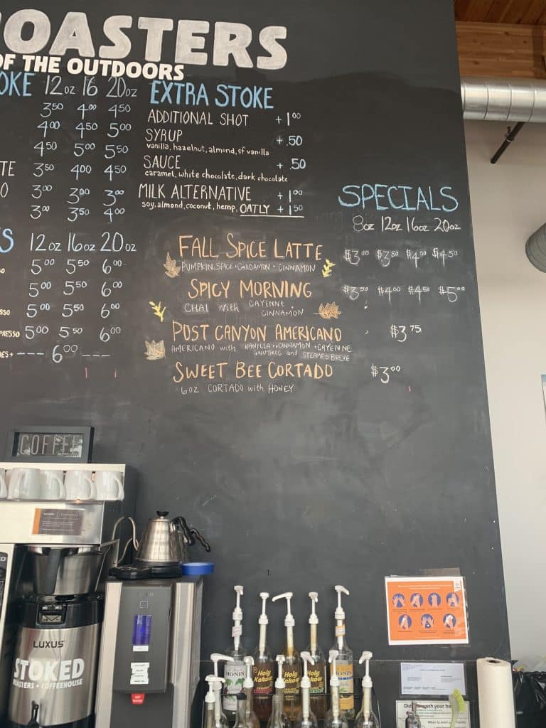 Menu at Stoked Coffe Roasters Sept 2020