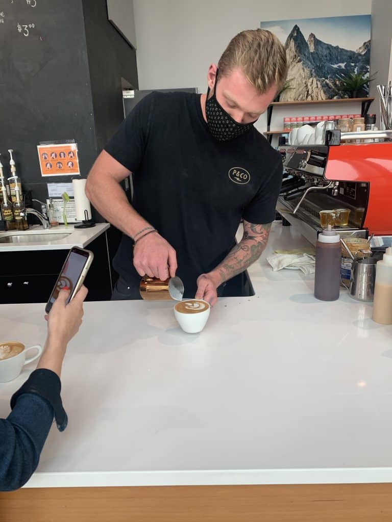 Making latte artwork from barista in Hood River