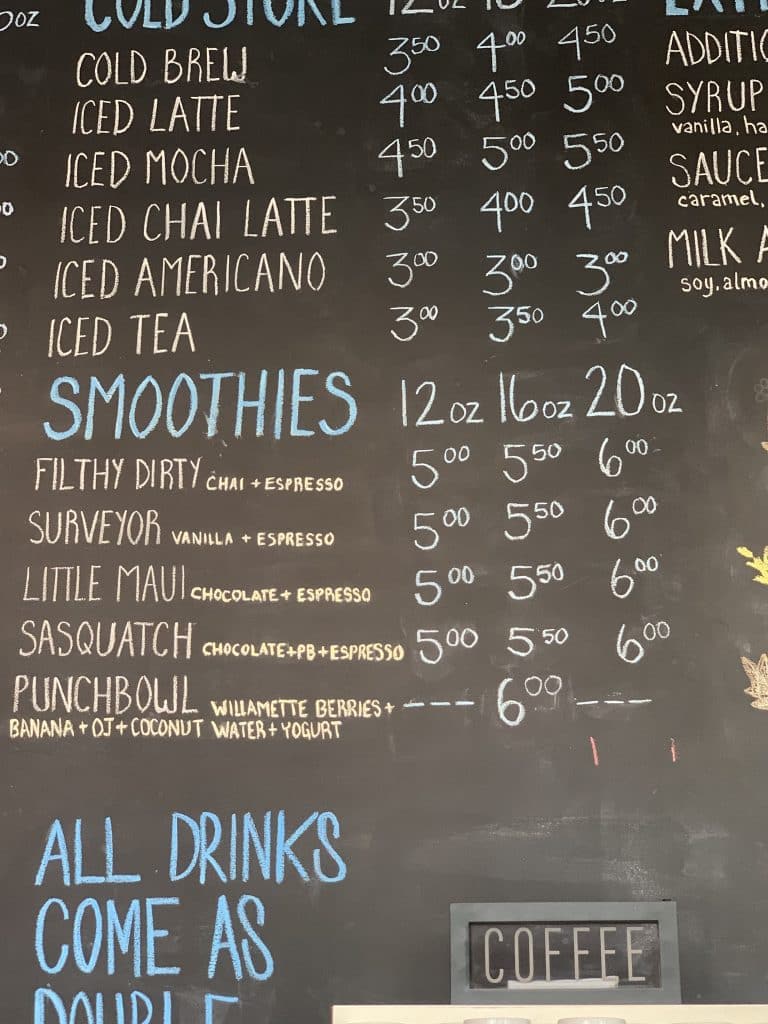 Menu at Stoked Coffee Roasters in Hood River