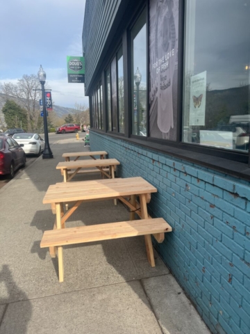 Outdoor benches at Fish People in Hood River.