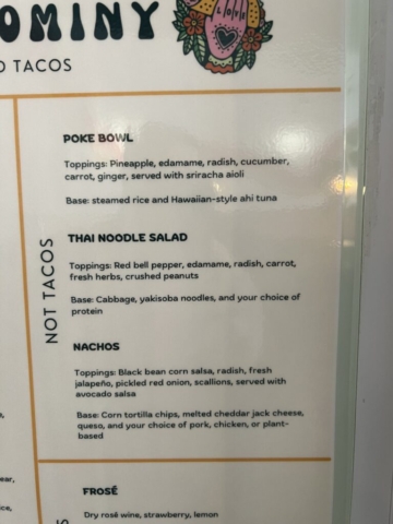 Not Taco Menu 2 at Love and Hominy in Hood River.