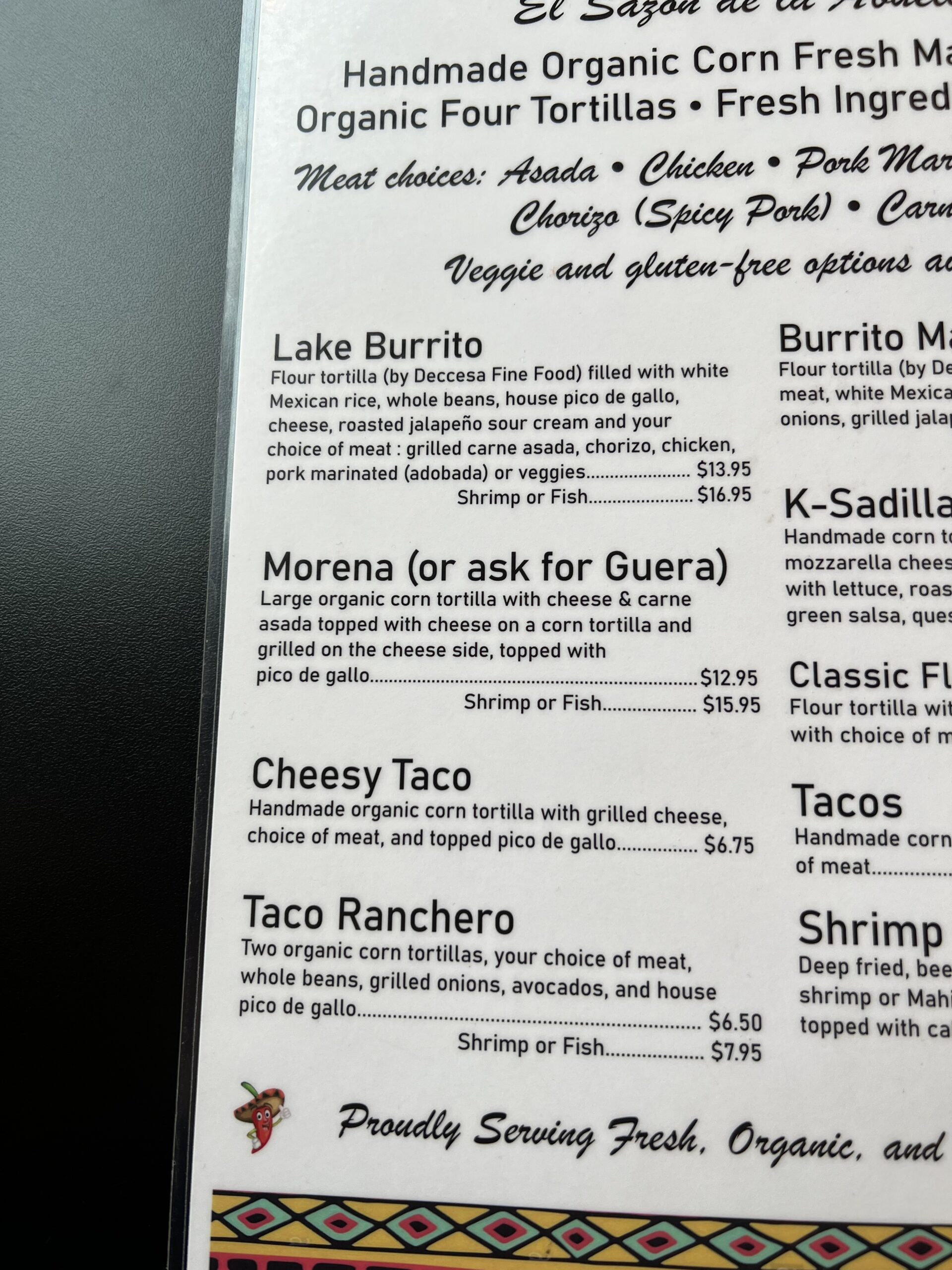 Taco and Burrito Menu Items at Lake Taco in Hood River