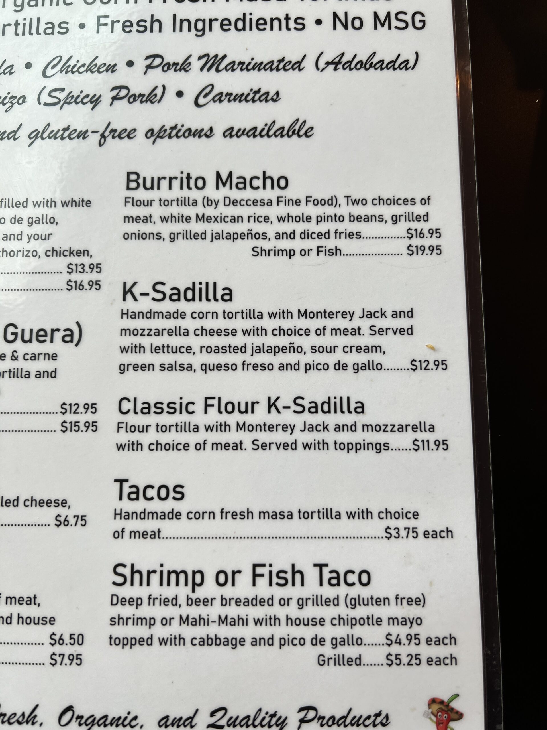 Tacos and Ksadilla Menu items at Lake taco in Hood River