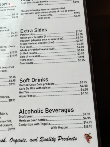 Extra Sides Menu and drink menu at Lake Taco Hood River