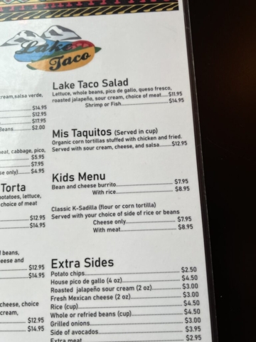 Lake Taco Side and Kids Menu