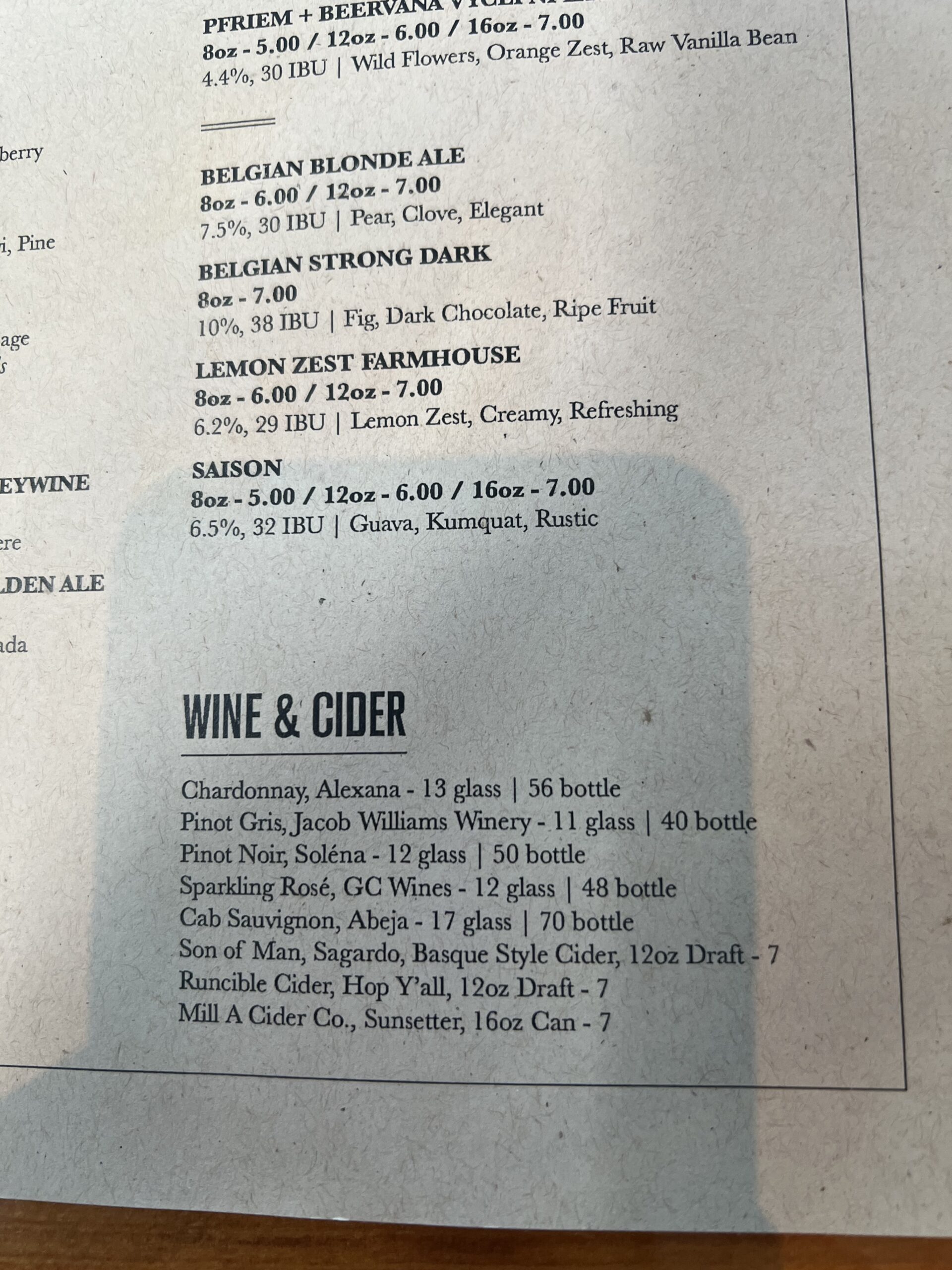 Wine and Cider menu items at Pfriem