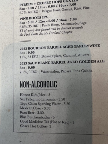 Non alcoholic items and menu at Pfriem