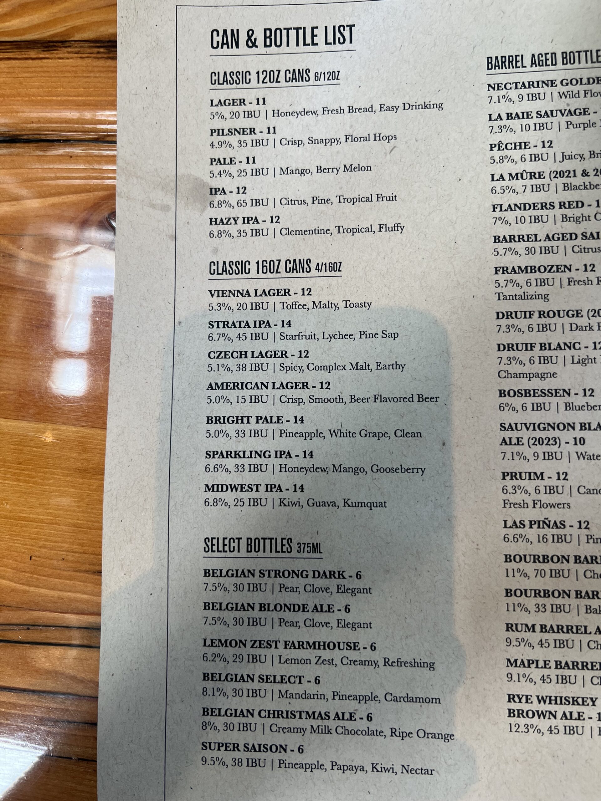 Can and bottle list menu at Pfriem