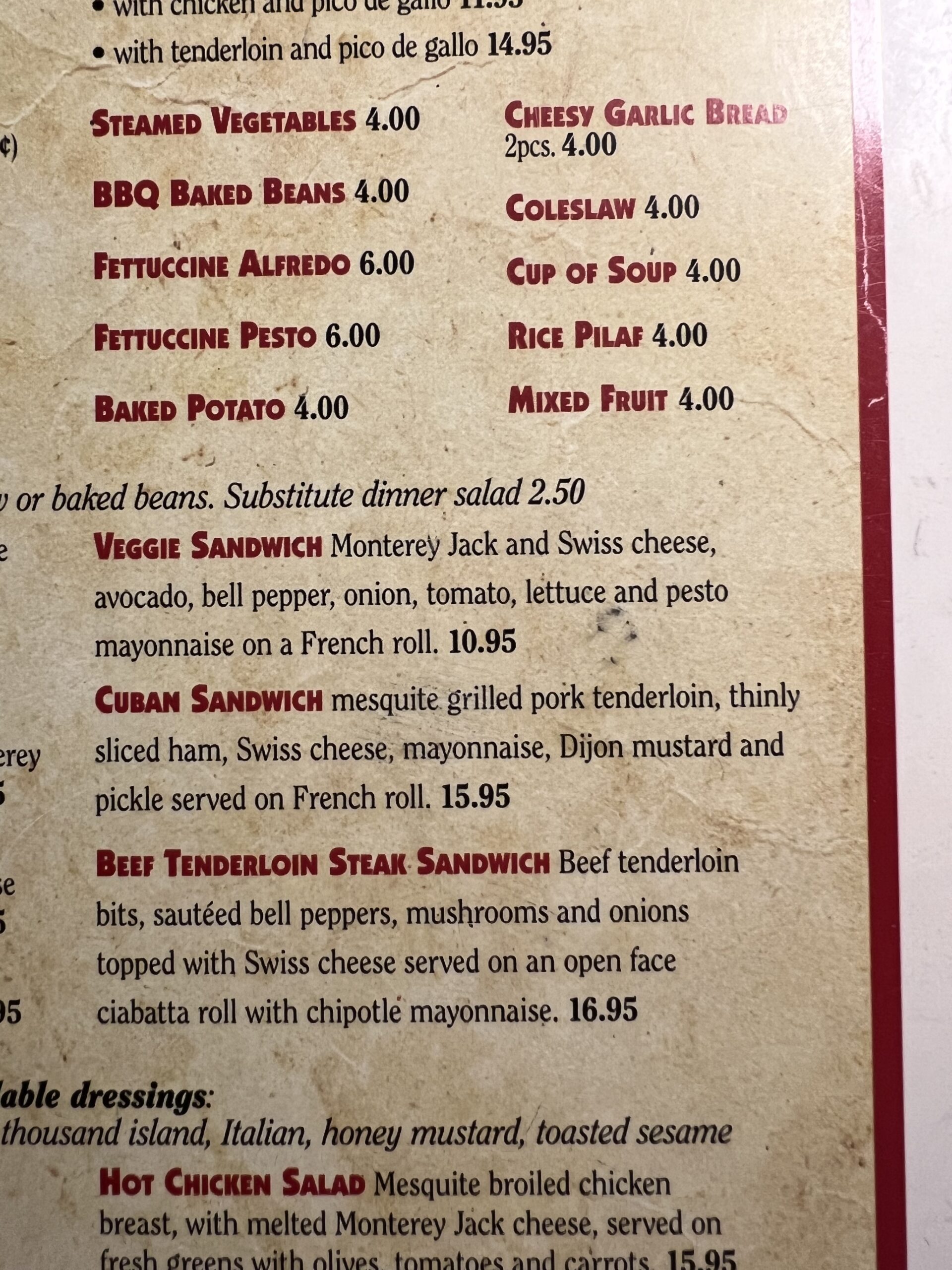 Sides and Sandwhich menu at The Mesquitery Hood River