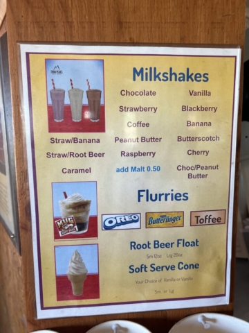 Milkshake menu at Twin Peaks in Hood River