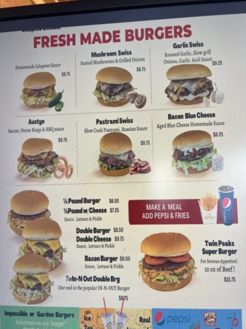 Burger Menu at Twin Peaks Hood River