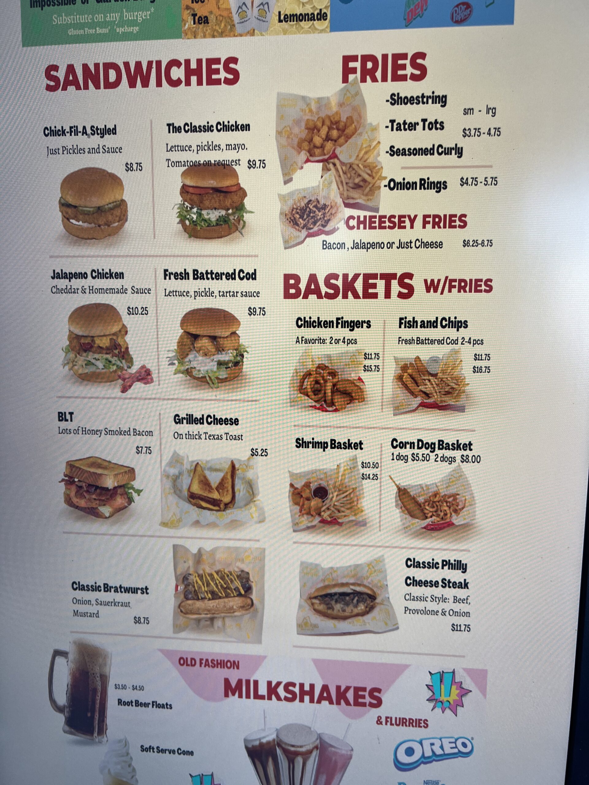 Sandwiches and fries menu at Twin Peaks in Hood River