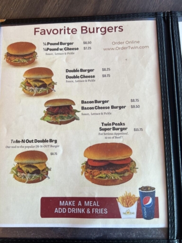 Favorite Burger menu at Twin Peaks In Hood River