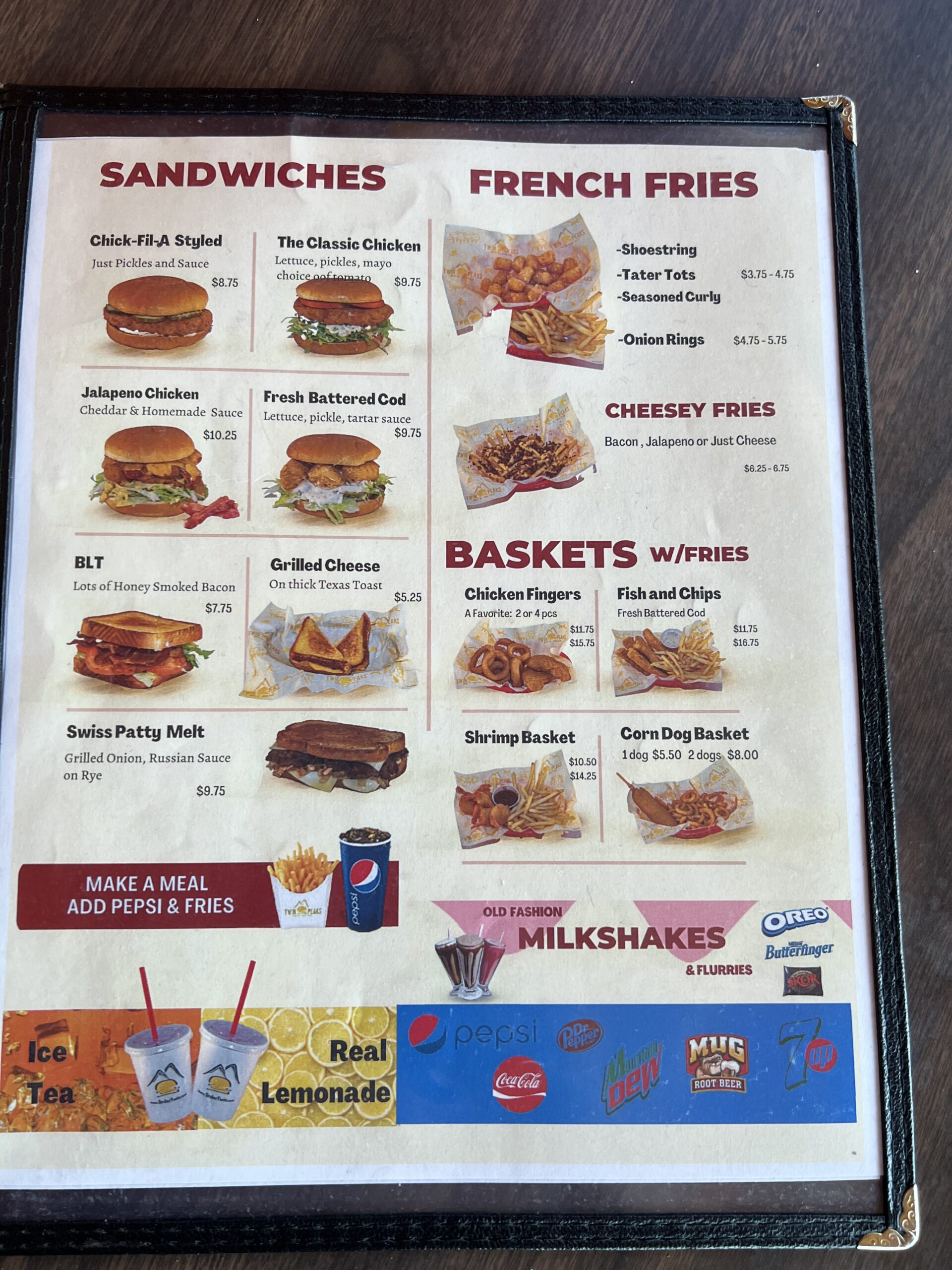 Twin Peaks Menu: Sandwiches, French Fries, Baskets and Milkshakes