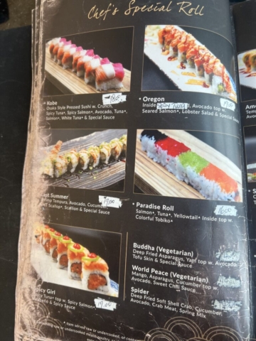 Chefs Special Roll Menu at Kobe Sushi In Hood River