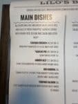 Lilos BBQ main dishes menu with the restaurant name and ordering information in Hood River