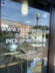 Pelinti Pizza window lettering with www.pelintipizza.com and phone number in Hood River